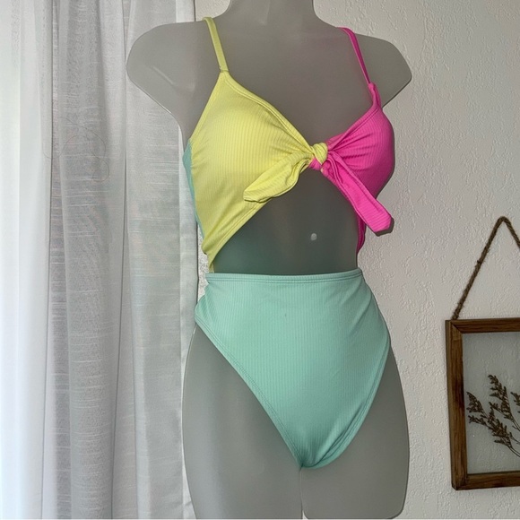 Xhilaration Size L Pink yellow and Mint one piece Swimsuit Y2K 90’s inspired NEW - Picture 2 of 7